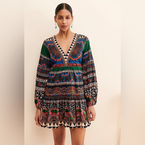 FARM Rio V-Neck Printed Tunic Dress in Green Size Extra Small. - Picture 12 of 15